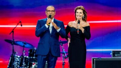 Carlo Conti e Vanessa Incontrada sul palco dei Music Awards 2026 all'Arena di Verona