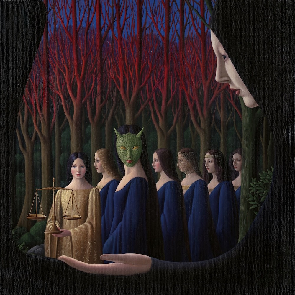 Copertina di “La mia ragazza” di Francesca Michielin: figure femminili in un bosco di alberi rossi, con una bilancia e un volto verde