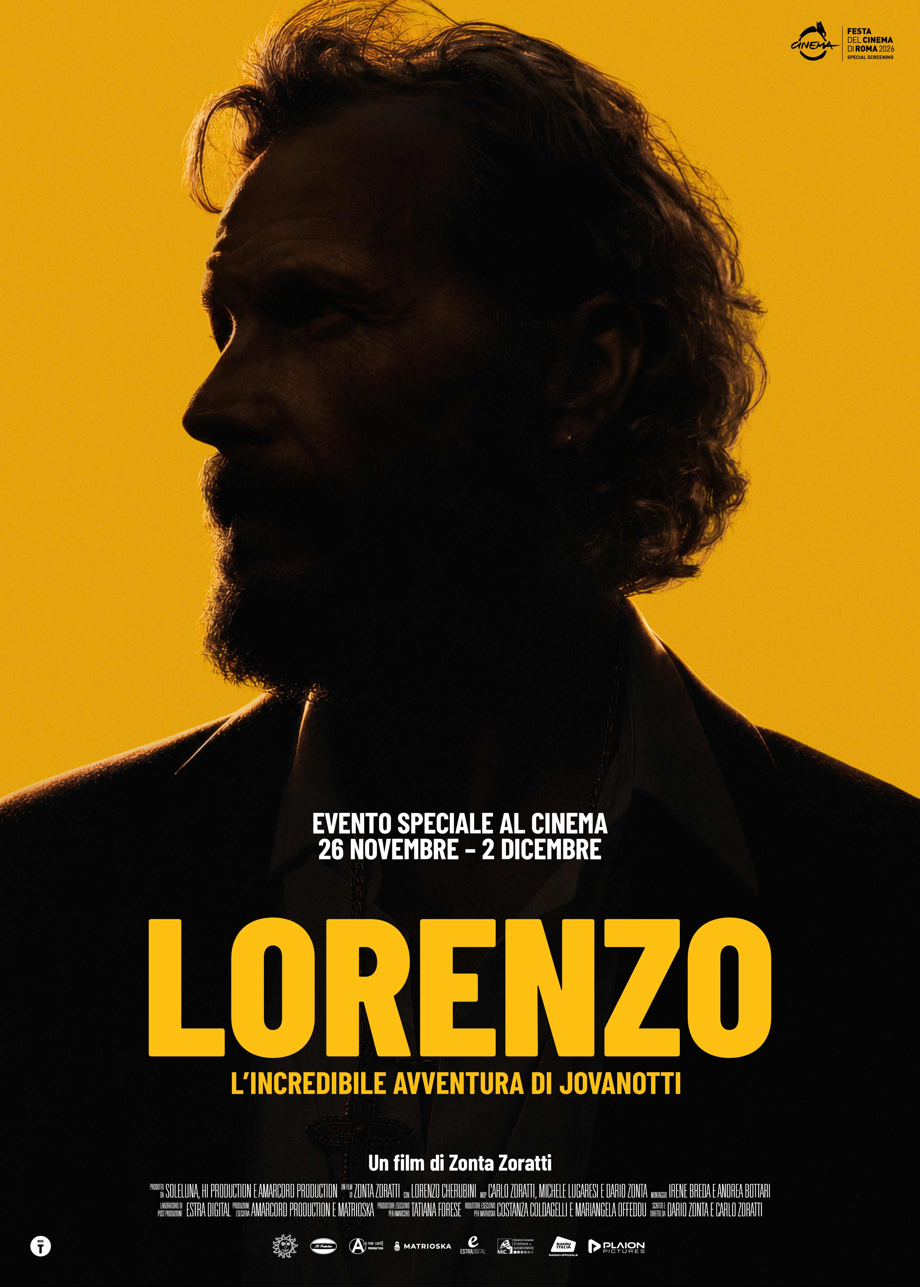 Manifesto del film Lorenzo – L'incredibile avventura di Jovanotti, con il profilo di Jovanotti su sfondo giallo
