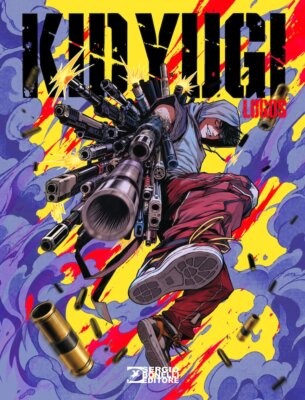 Copertina di Logos, il fumetto di Kid Yugi per Sergio Bonelli Editore: il protagonista in salto tra armi da fuoco e bossoli su sfondo giallo
