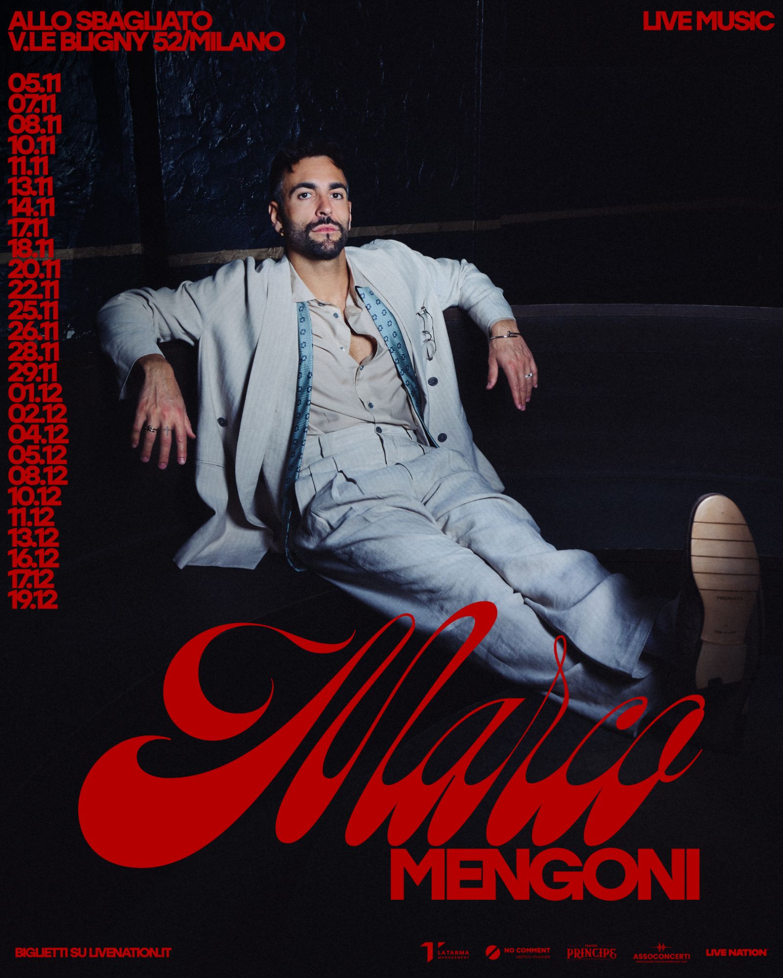 Locandina ufficiale di Allo Sbagliato con le 26 serate di Marco Mengoni al Teatro Principe di Milano, dal 5 novembre al 19 dicembre 2026