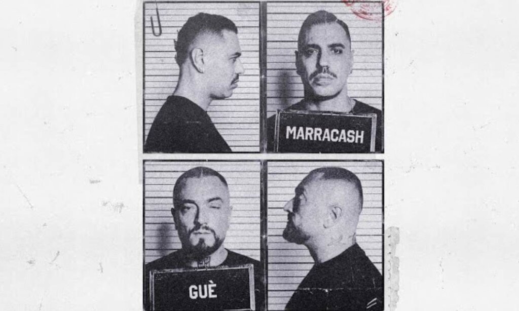 Copertina del singolo Casini di Marracash e Guè, foto segnaletiche in bianco e nero stile mugshot