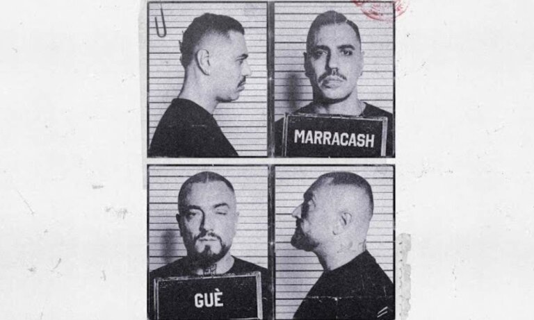 Copertina del singolo Casini di Marracash e Guè, foto segnaletiche in bianco e nero stile mugshot