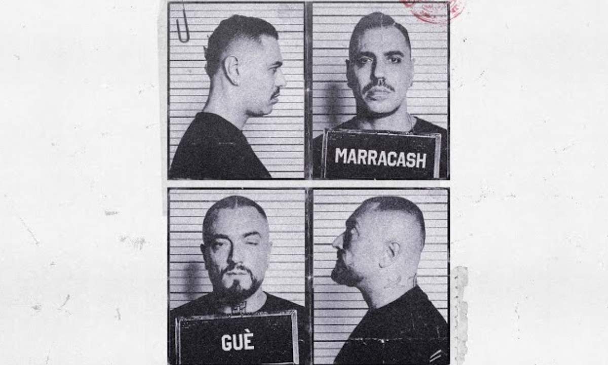 Copertina del singolo Casini di Marracash e Guè, foto segnaletiche in bianco e nero stile mugshot