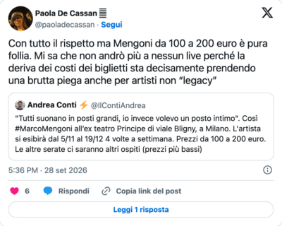 Un tweet sulla polemica per i prezzi dei biglietti di Marco Mengoni ad Allo Sbagliato
