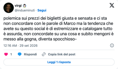 Un tweet di una fan di Marco Mengoni sulla polemica per i prezzi di Allo Sbagliato