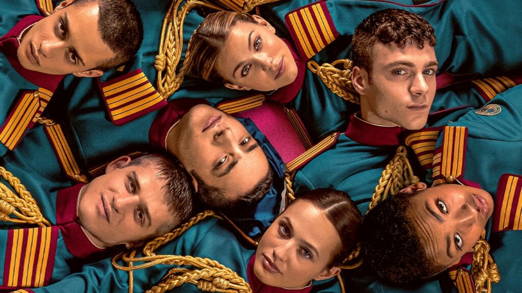I giovani protagonisti di Minerva - La Scuola, la serie Netflix, sdraiati in cerchio con le divise del liceo militare nella locandina ufficiale