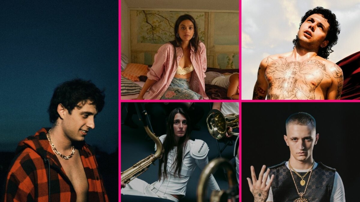 Collage con Sangiovanni, Margherita Vicario, centomilacarie, Emma Nolde e 22simba, protagonisti delle pagelle nuovi singoli del 25 settembre 2026