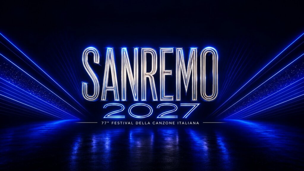 Il logo ufficiale di Sanremo 2027, 77° Festival della Canzone Italiana, in lettere al neon su fondo blu