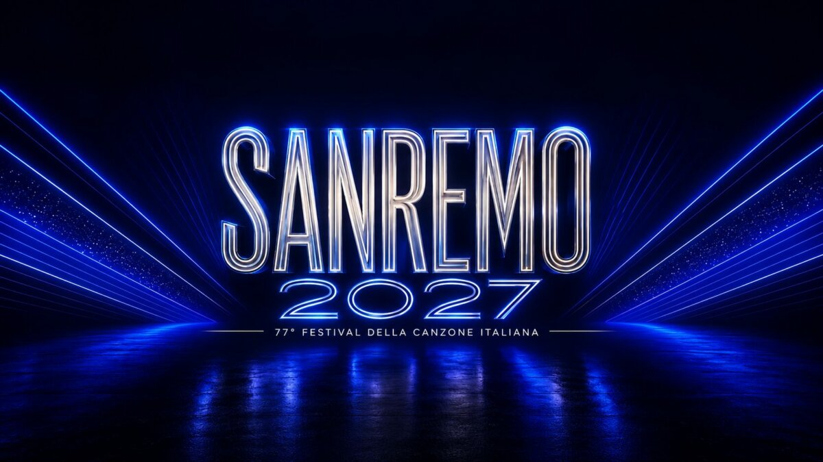 Il logo ufficiale di Sanremo 2027, 77° Festival della Canzone Italiana, in lettere al neon su fondo blu