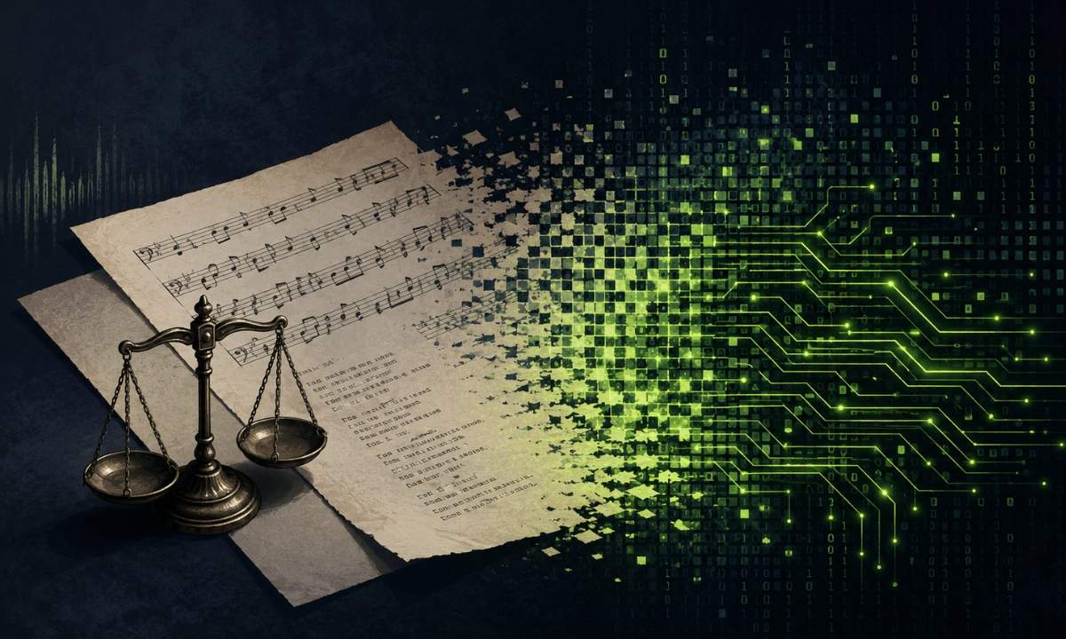 Spartito musicale che si dissolve in codice digitale con una bilancia della giustizia, simbolo della causa di Sony Music Publishing e Warner Chappell contro Anthropic