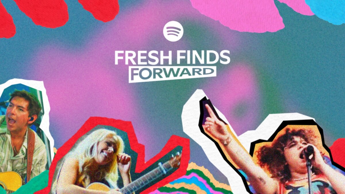 Logo di Fresh Finds Forward, il nuovo programma Spotify per gli artisti emergenti, su collage con tre musicisti che cantano dal vivo