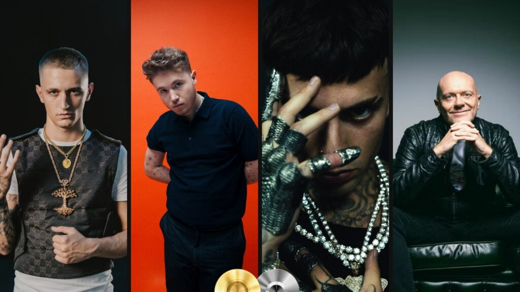 Collage con 22Simba, Alfa, Tony Boy e Max Pezzali e i dischi d'oro e di platino delle certificazioni FIMI della settimana 41