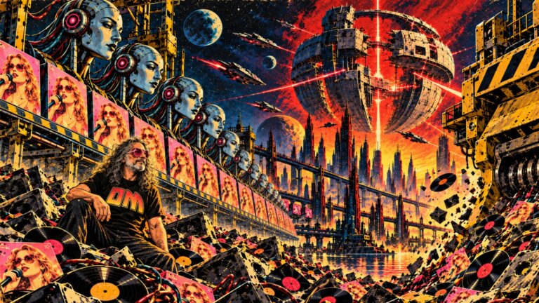 Illustrazione generata con l'AI sulla musica italiana nel compattatore della Morte Nera, con teste robot e copertine tutte uguali