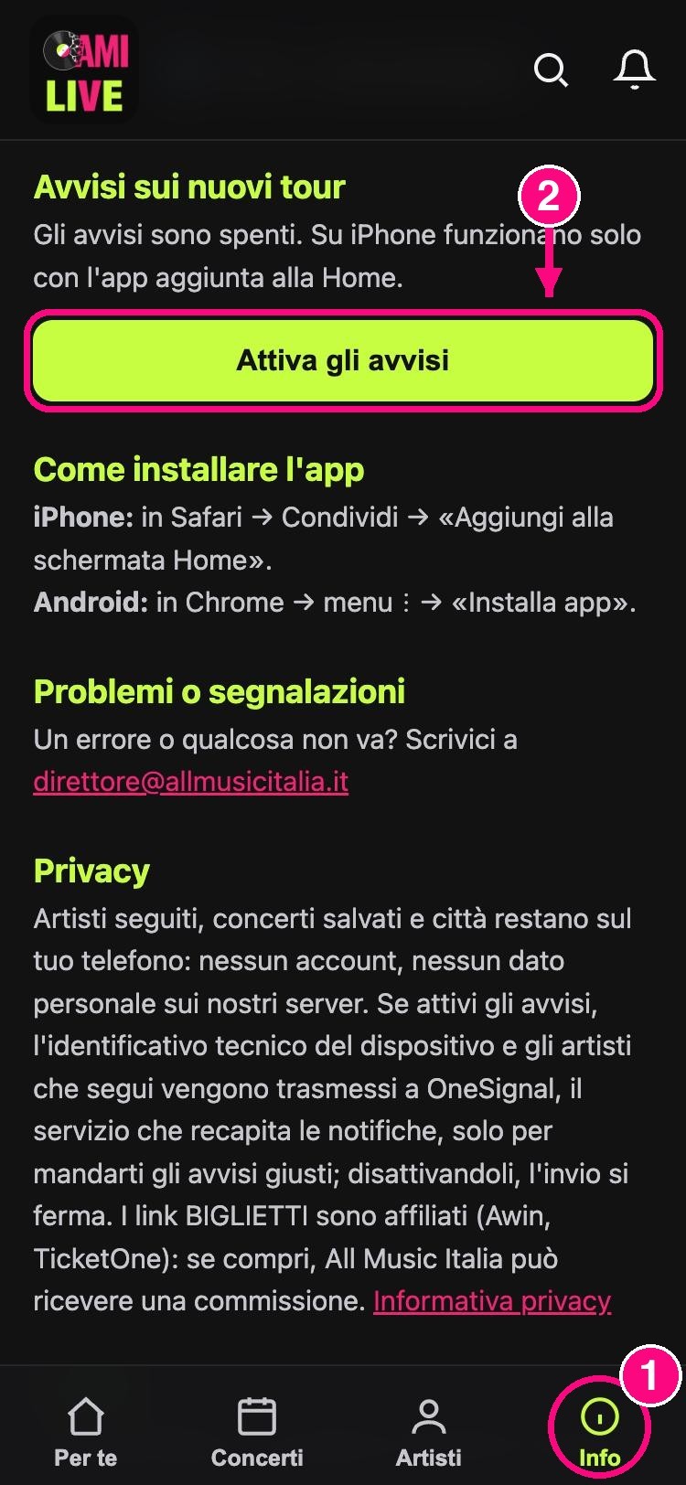 Schermata Info di AMI Live con la scheda Info in basso (1) e il bottone Attiva gli avvisi (2)