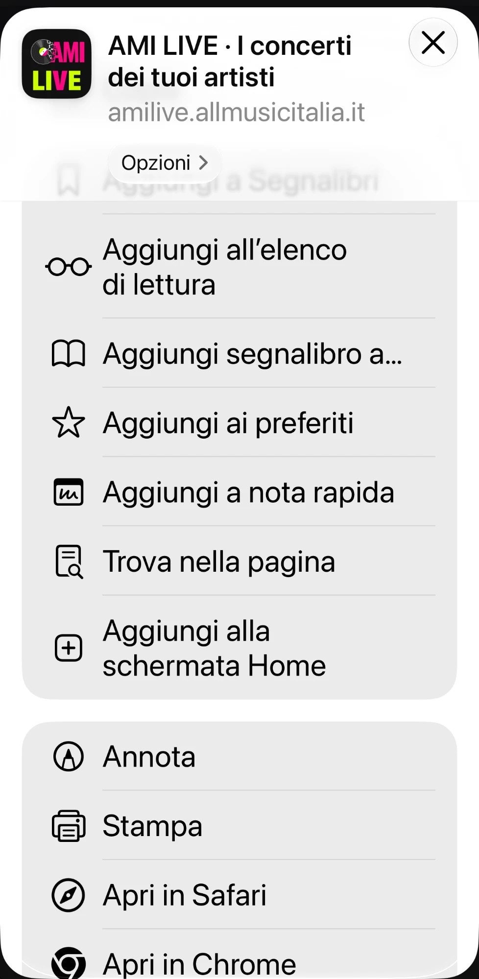 Menu Condividi di iPhone con la voce Aggiungi alla schermata Home per installare AMI Live
