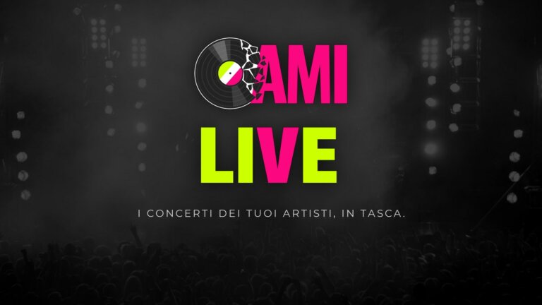 Logo di AMI Live su sfondo nero con il pubblico di un concerto in trasparenza e lo slogan I concerti dei tuoi artisti, in tasca