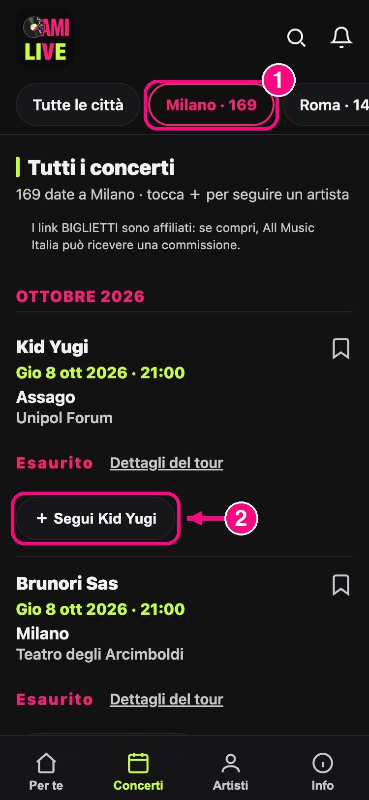 Schermata Concerti di AMI Live con il filtro Milano (1) e il bottone per seguire Kid Yugi (2)