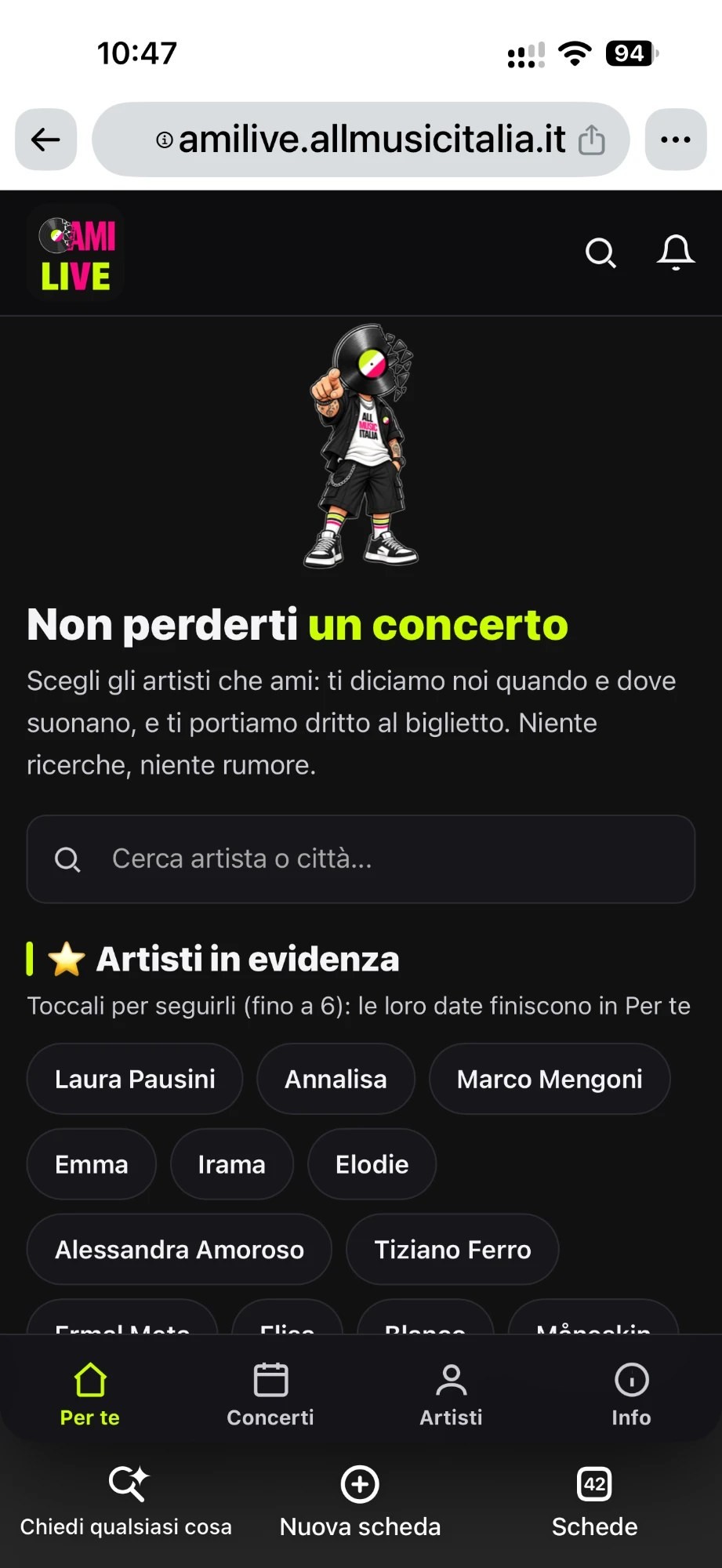 Chrome su iPhone con AMI Live aperta e il pulsante Condividi accanto all’indirizzo, in alto