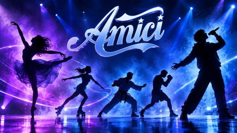 Amici 26: silhouette di ballerini, atleti e cantanti sotto il logo del programma, illustrazione generata con intelligenza artificiale