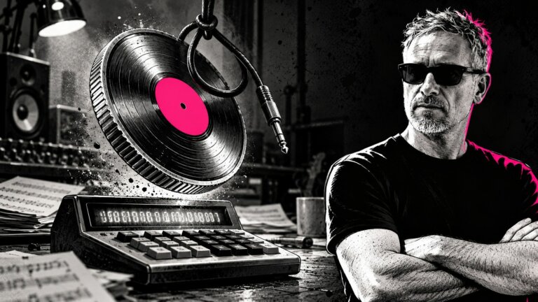 Un disco in vinile trasformato in moneta cade su una calcolatrice, con un cappio di cavo audio sopra e l'avvocato Fabio Falcone accanto