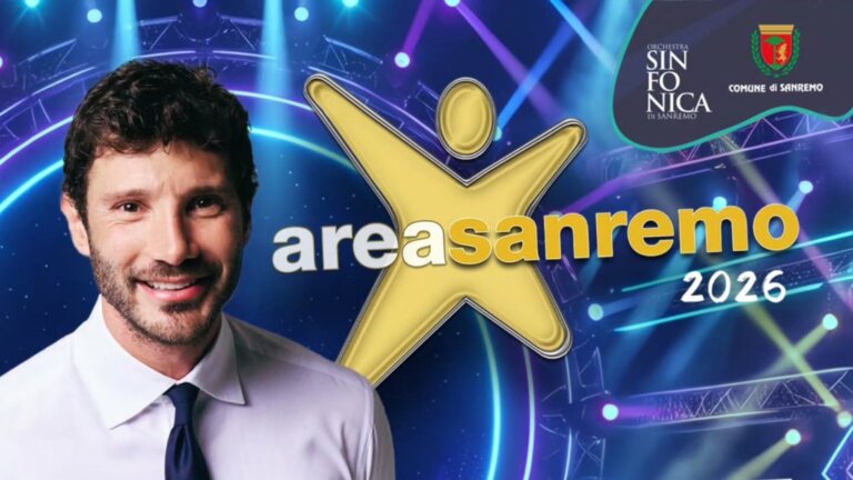 Stefano De Martino accanto al logo di Area Sanremo 2026, il concorso con 462 iscritti alle audizioni di novembre