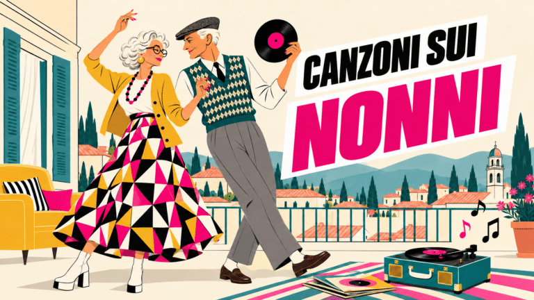 Canzoni sui nonni: illustrazione di una nonna e un nonno che ballano su una terrazza con un disco in vinile