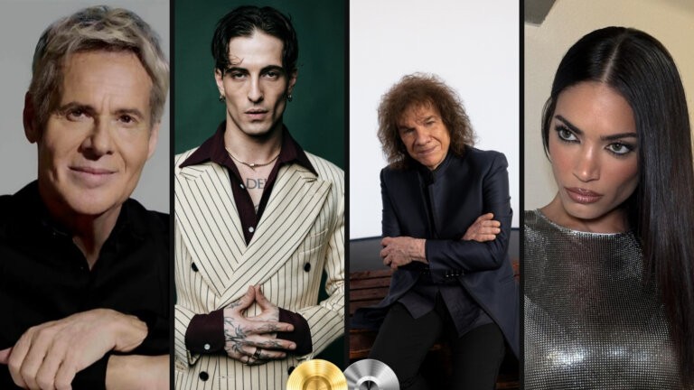 Claudio Baglioni, Damiano David, Riccardo Cocciante ed Elodie in un collage con un disco d'oro e uno di platino, per le certificazioni FIMI della settimana 40