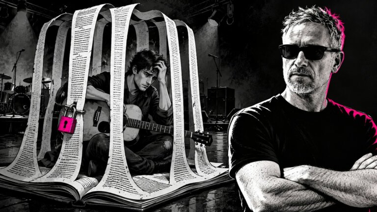 Un giovane cantautore con la chitarra chiuso in una gabbia fatta con le pagine di un contratto discografico, con l'avvocato Fabio Falcone accanto