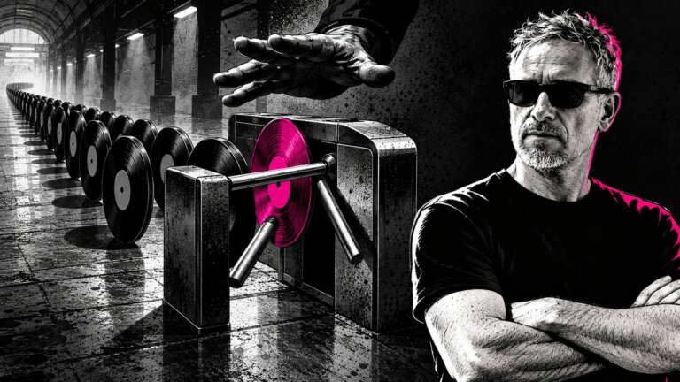 Un tornello d'ingresso con una lunga fila di dischi in vinile neri, un solo disco fucsia che lo attraversa e una grossa mano in ombra che decide chi passa, con l'avvocato Fabio Falcone accanto