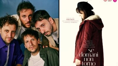 Gli Eugenio in Via Di Gioia in una foto di gruppo, accanto al manifesto del film Se domani non torno