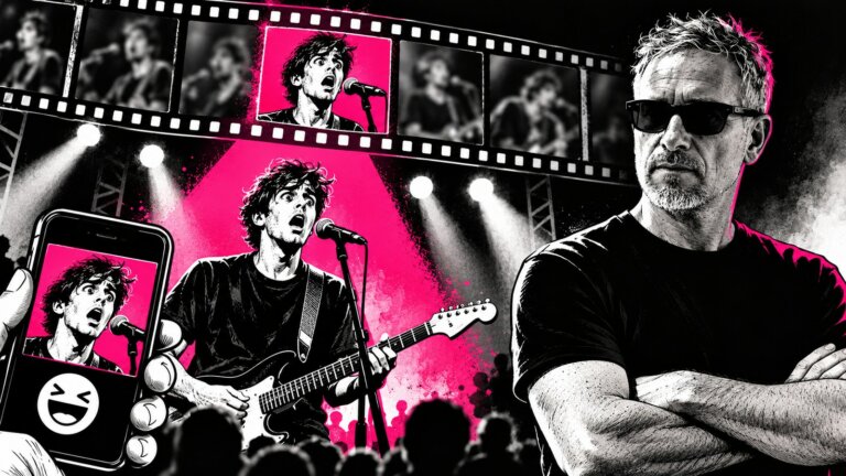 L'avvocato Fabio Falcone davanti a un cantante che stona sul palco di un talent show, con il fotogramma dell'errore sullo smartphone