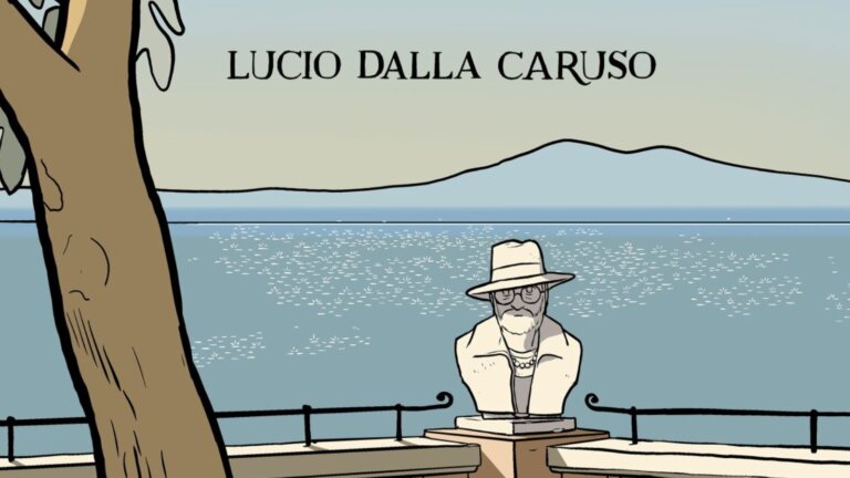 Illustrazione per i 40 anni di Caruso di Lucio Dalla: il busto di Dalla con il cappello su una terrazza sul mare