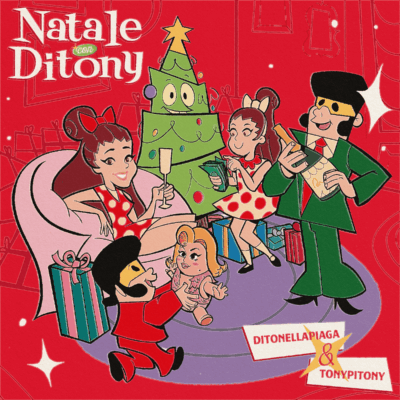 Copertina di Natale con Ditony, l'album di Ditonellapiaga e TonyPitony, con i personaggi a fumetti attorno all'albero di Natale