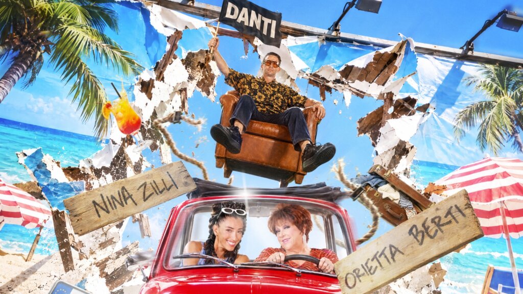 Orietta Berti, Nina Zilli e Danti nella copertina del singolo Maledetto Settembre: Orietta guida una Cinquecento rossa che sfonda un cartellone con la spiaggia