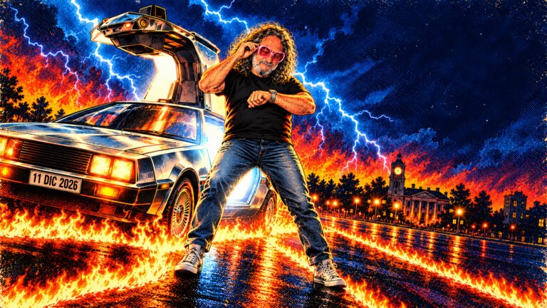 Illustrazione AI di Michele Monina in stile fumetto davanti a una DeLorean con targa 11 DIC 2026, per Primogenito e Sanremo Giovani