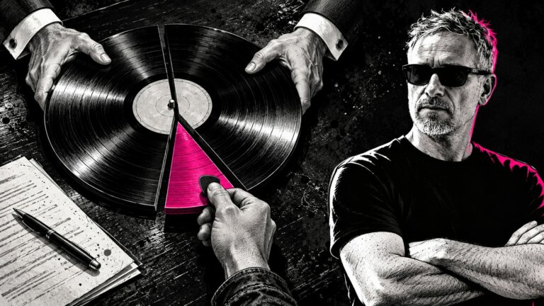 Un disco in vinile tagliato in tre fette, con la fetta più piccola, in fucsia, tirata da una mano con un plettro e le altre due trattenute da due mani in camicia, con l'avvocato Fabio Falcone accanto