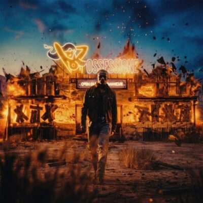 Copertina del singolo Ossessione di Samurai Jay: un uomo cammina davanti a un edificio in fiamme, con la scritta Ossessione al neon