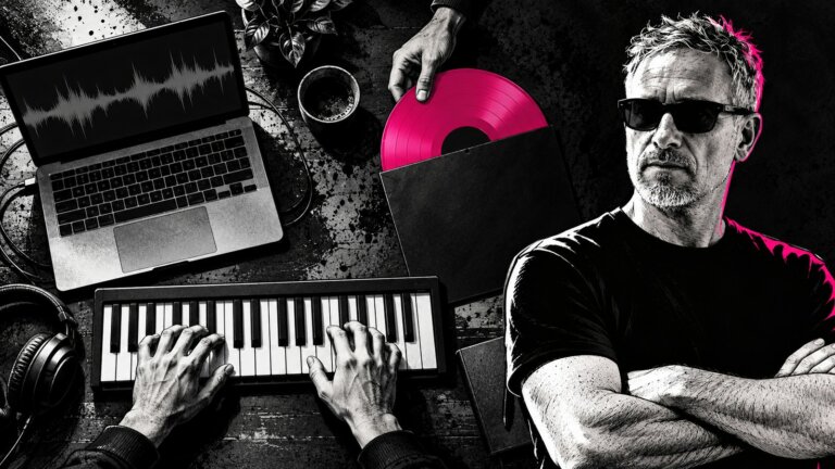 Un portatile con un'onda sonora grigia, due mani che suonano una tastiera e una terza mano che infila un disco in vinile fucsia in una custodia nera, con l'avvocato Fabio Falcone accanto